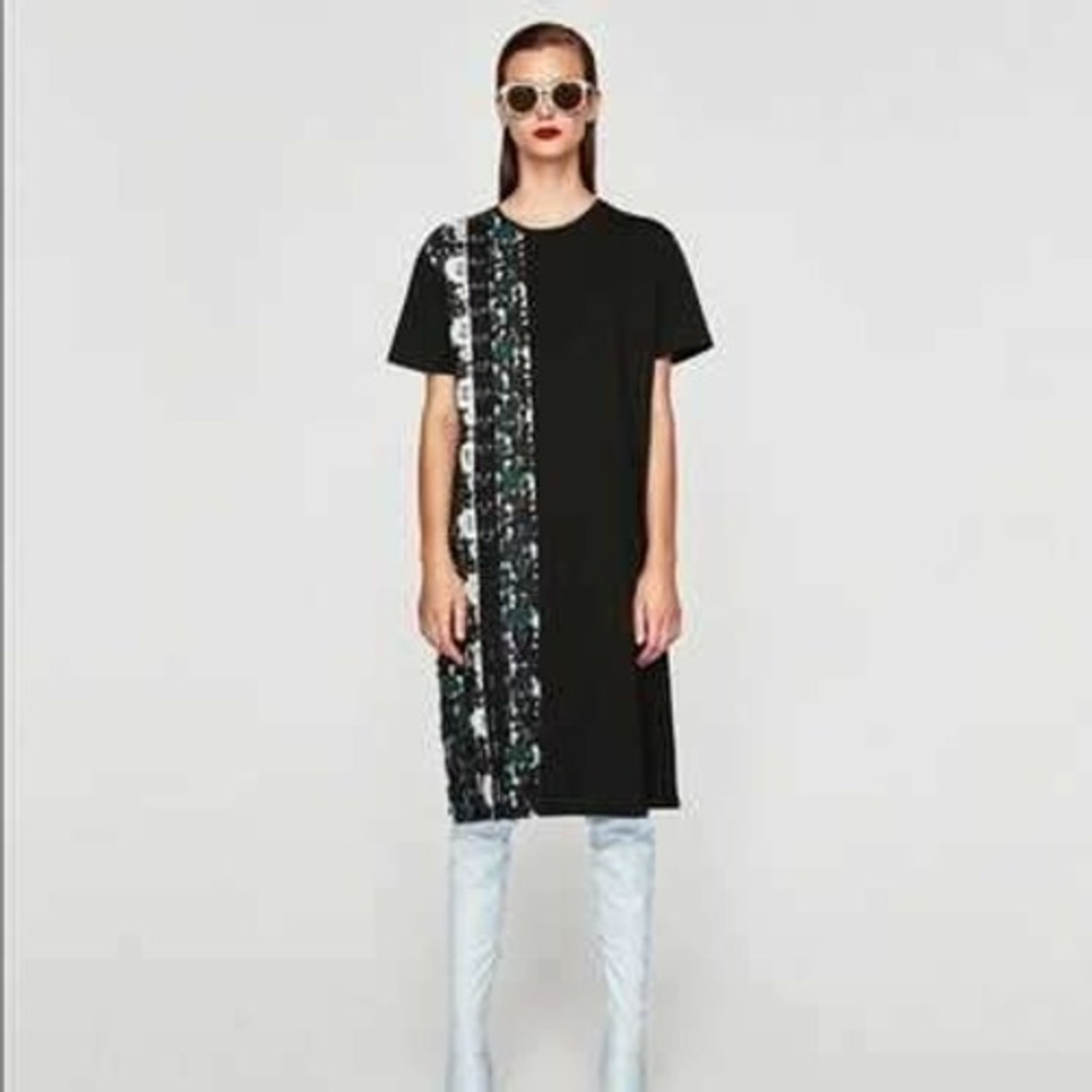 Zara Trafaluc Black Floral Lace & Gingham Ring Detail T-Shirt Dress Size Small